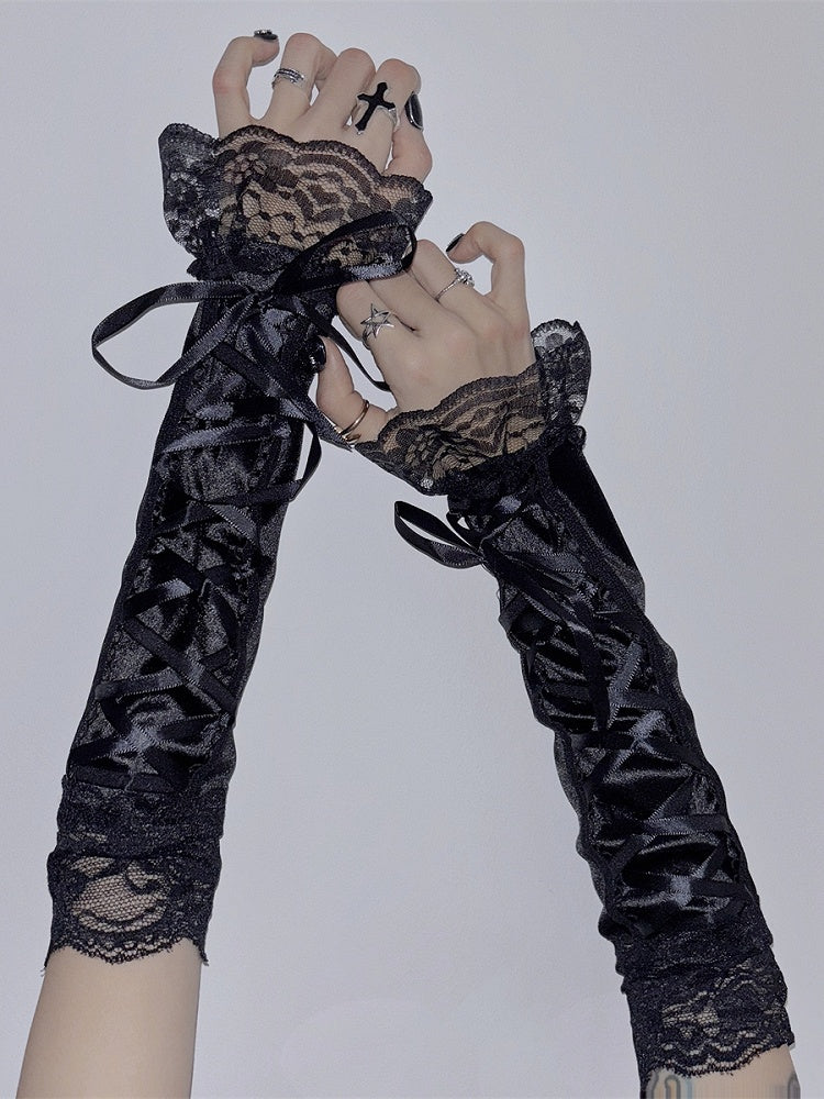 Spitze Y2K Ärmel Schnürbesatz Pink/Schwarz/Lila/Rot Glamouröses Detail