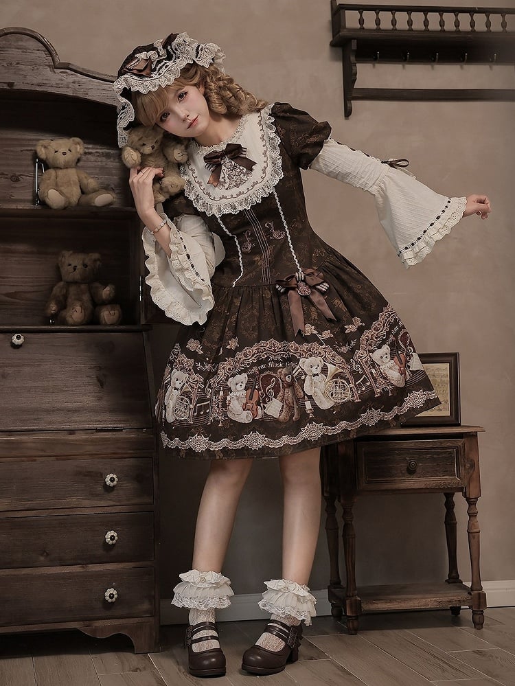 Vintage Doll Style Brown Short Sleeve OP Dress with Bear Symphony Print - Twin Bear Original Design