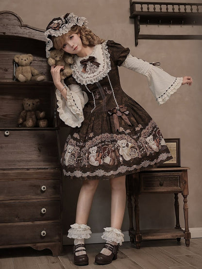 Vintage Doll Style Brown Short Sleeve OP Dress with Bear Symphony Print - Twin Bear Original Design