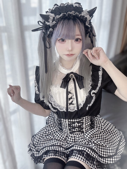 / Lace Trim with Bead Details  White Plaid Blouse Jirai Kei Illusion Neckline Black