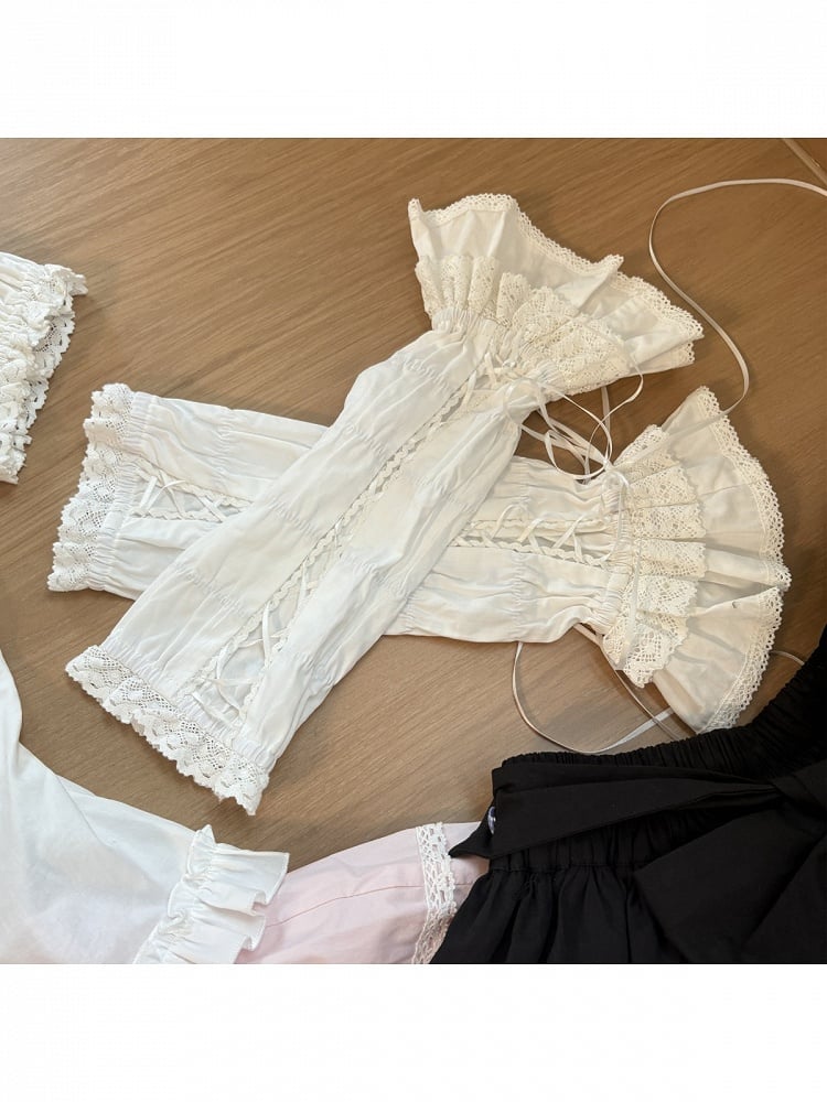White Drawstring Long Wrist Cuffs with Lace Trim - Hana Studio