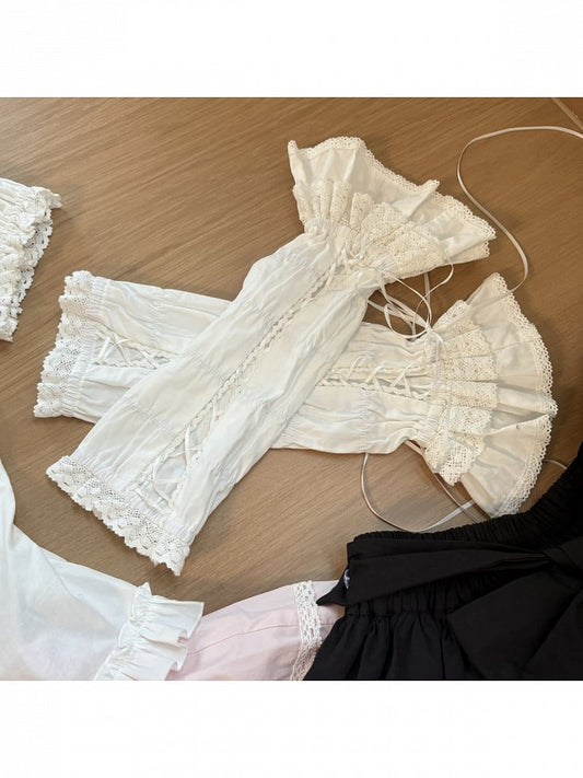 White Drawstring Long Wrist Cuffs with Lace Trim - Hana Studio