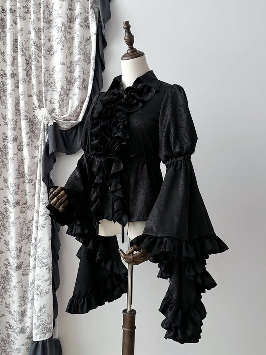フリルベルロングロリータスリーブブラックボディスシャツ構造