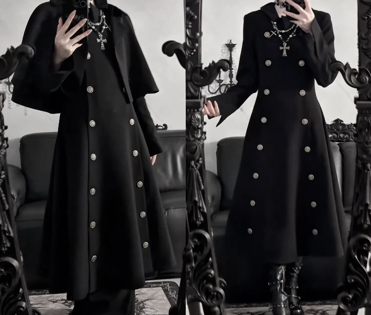 Design / Mantel Schwarz Abnehmbarer Cape Trenchcoat Grau Zweireihig