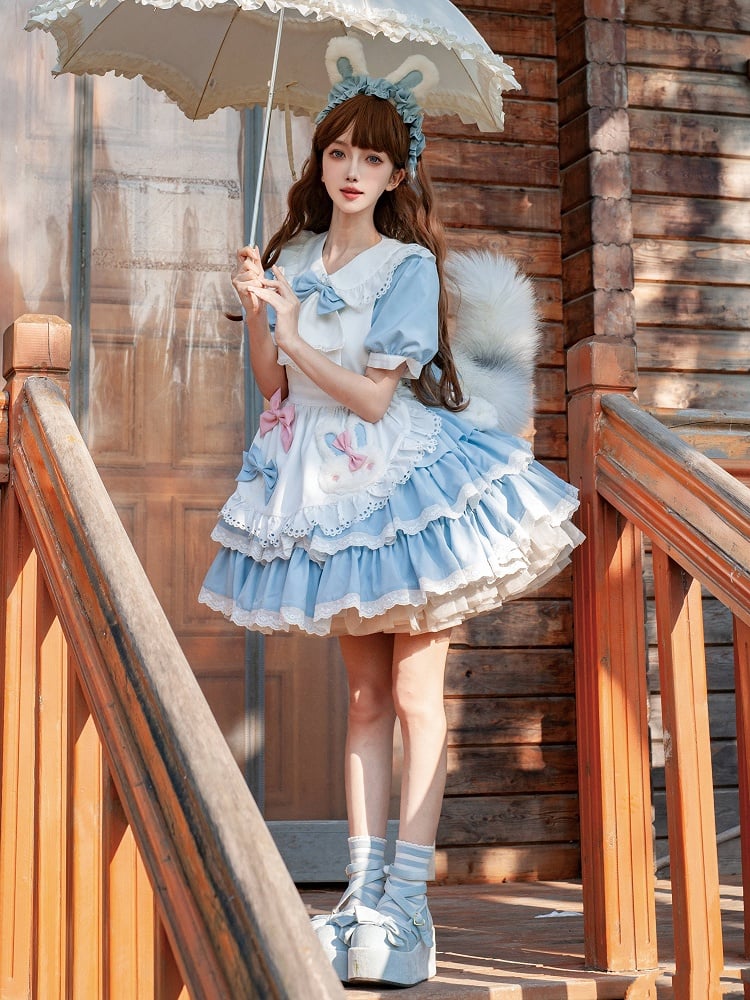 Theme White Ruffles Bunny Tiered Maid Dress and Lolita Blue