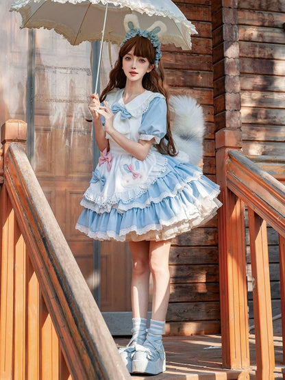 Theme White Ruffles Bunny Tiered Maid Dress and Lolita Blue