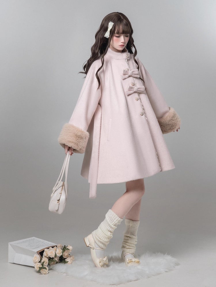 Jirai Manteau en Laine Cœur Nœud à Bouton Style Pur Décor Kei Rose