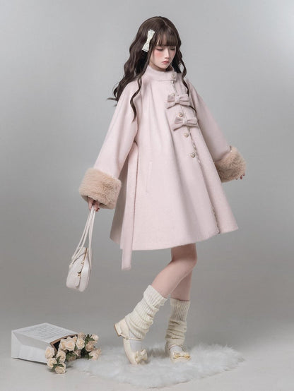 Jirai Manteau en Laine Cœur Nœud à Bouton Style Pur Décor Kei Rose