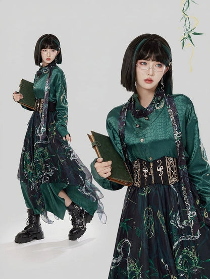 Snake Asymmetrical Black with A-line Skirt Print Green