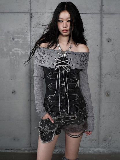 Top Strick Grau mit Einsätzen Off-Shoulder Denim Design Vintage Punk