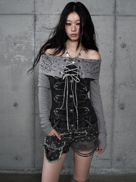 Top Knit Grey with Panels Off-Shoulder Denim Design Vintage Punk