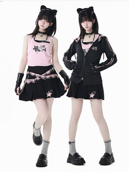 Pink Plaid Hood Black Star Embroidery Sun Protection Jacket