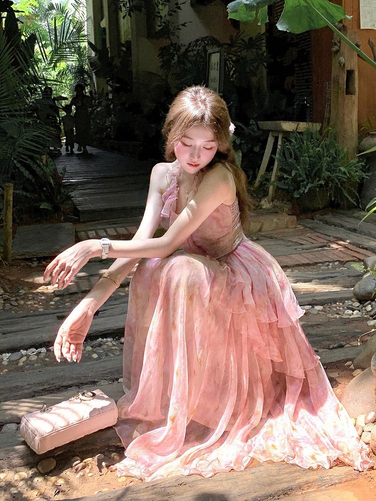 Pink Oil Painting Print Ruffle Trim Summer Holiday Dress - Qchiwawameme