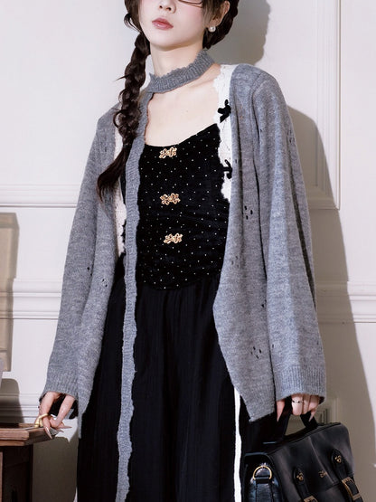Gray Outerwear with White Trim & Bowknot Details - Luo Xiu Dong Xiang