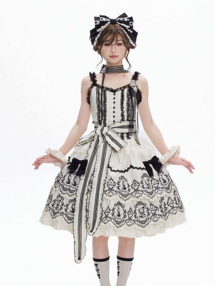 White Layered with Scalloped Black Set Rabbit Trim Skirt Top Pattern Camisole + Lolita Edge Elegant