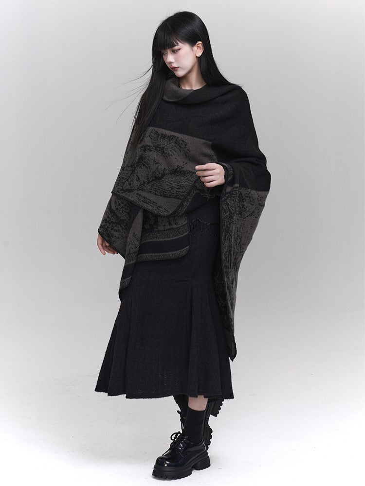 Ethnic Illustration Gothic Black Gray Poncho