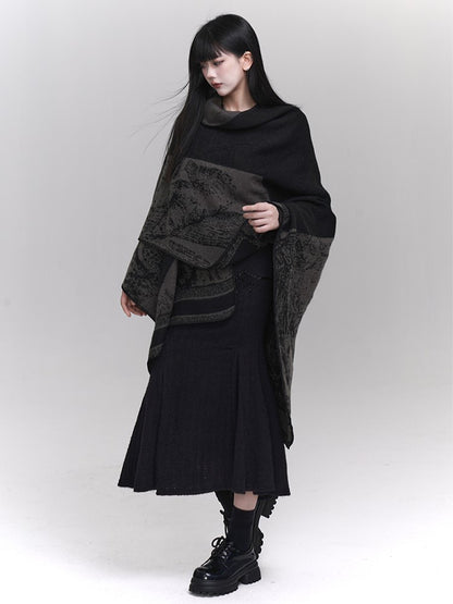 Ethnic Illustration Gothic Black Gray Poncho