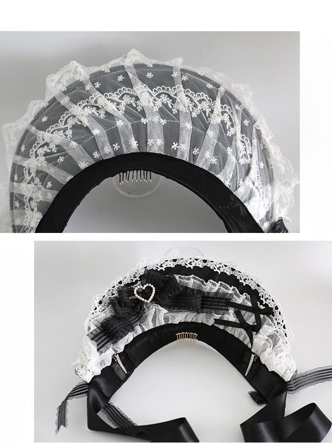 Weiß-Schwarze Spitze Lolita Süße Verziert Perlen Trim Design Bowknot Motorhaube Herz