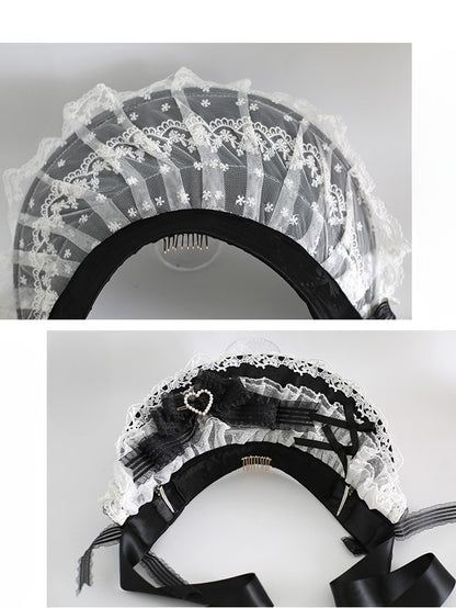 WhiteBlack Lace Lolita Sweet Decorated Beaded Trim Design Bowknot Bonnet Heart