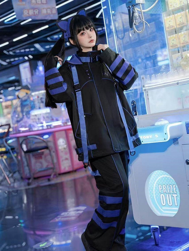 Jacket Ear Blue-Purple Cyber Futuristic Kitty Fashion Techwear Hooded Windbreaker