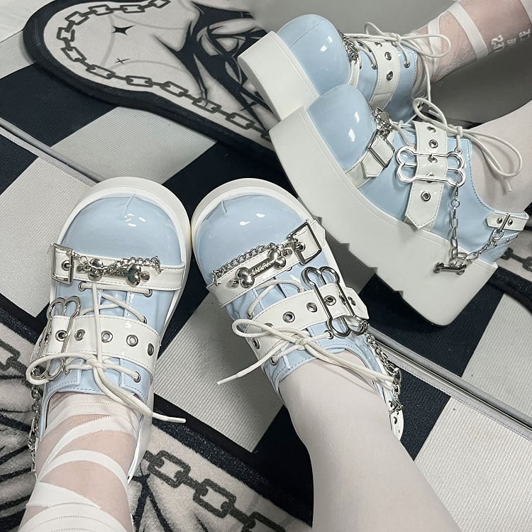 Tenshi Kaiwai Light Blue Y2K Bone Buckle Strap Platform Shoes