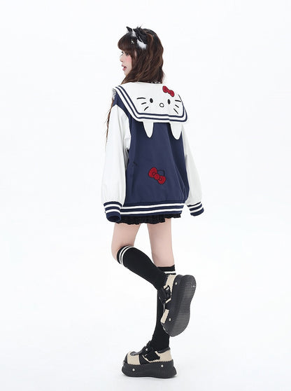 Navy Blue/Gray Sailor Collar Kitty Embroidered Baseball Jacket