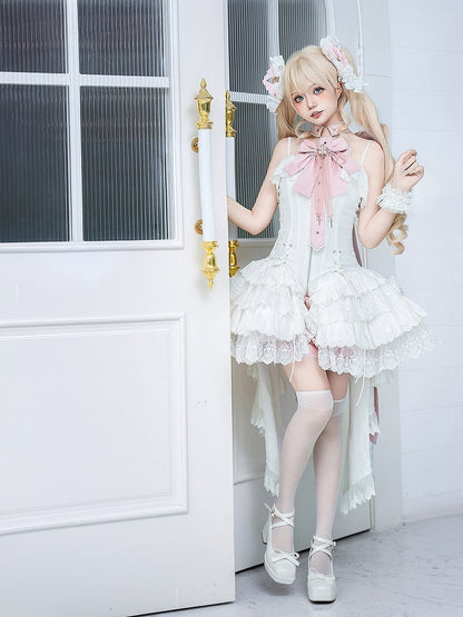 Träger Spaghetti JSK Lolita Rosa Balletcore Weißes Korsett + Kleid