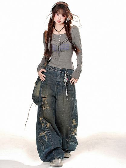 グレー/ブラウン レタープリント スリムフィット ロングスリーブ フード付きTシャツ