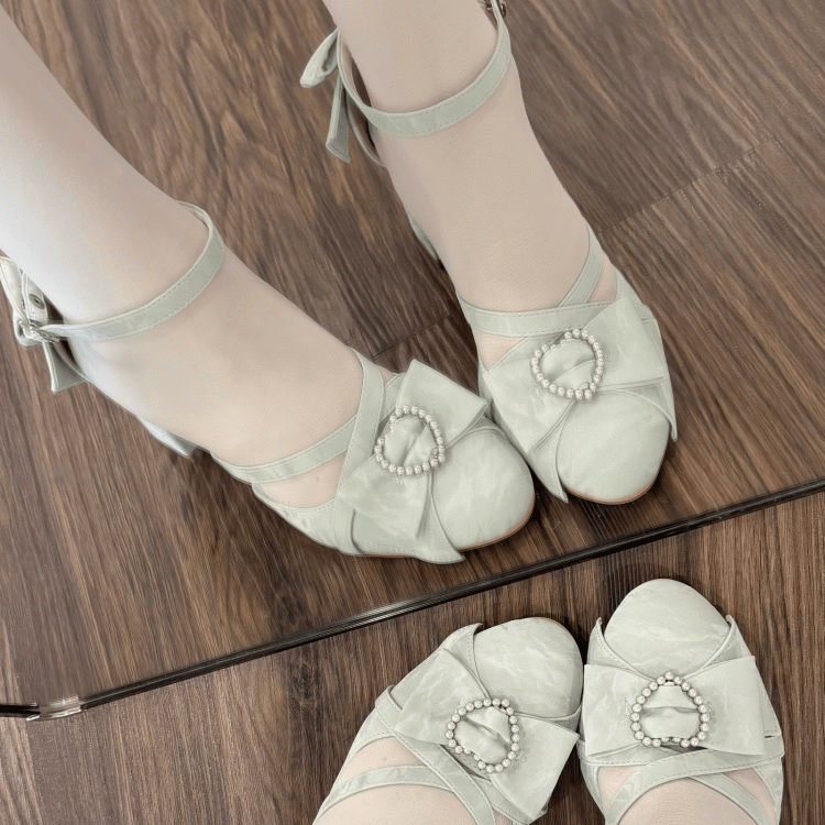 Accents Green Beaded Crisscross Sandals Heel High with Straps Bow - Sweet Lolita Heart Block
