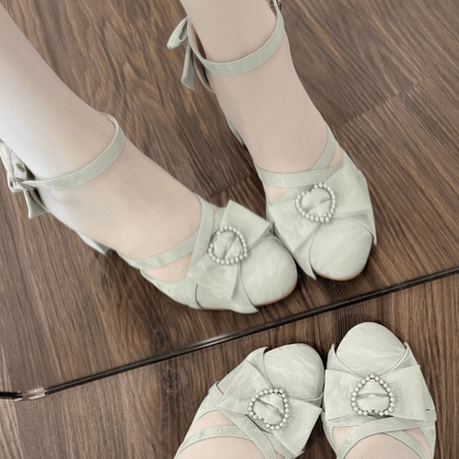 Accents Green Beaded Crisscross Sandals Heel High with Straps Bow - Sweet Lolita Heart Block