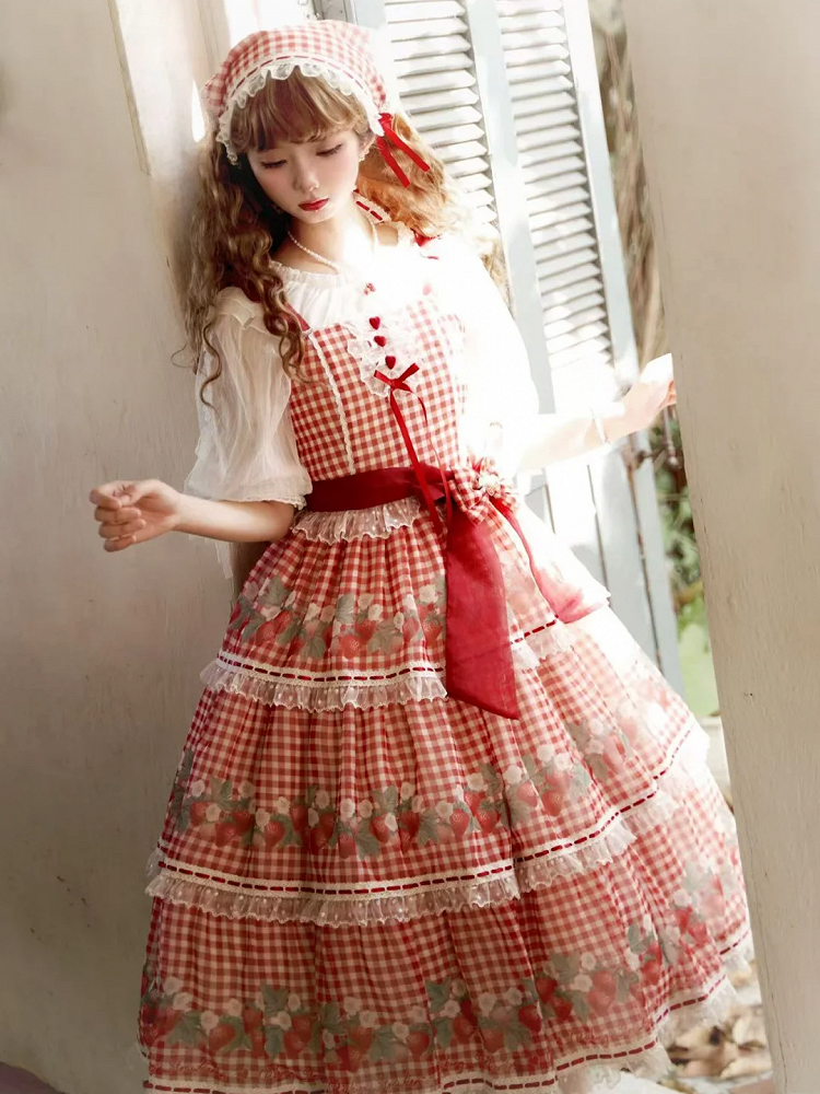 Strawberry Print Red Lolita Picnic Gingham Dress Sweet Lolita Jumper Skirt