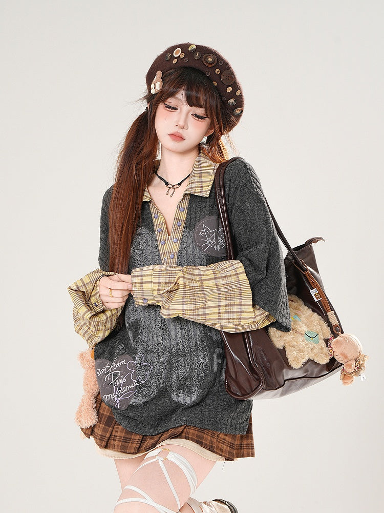 Dark Gray V-Neck Top with Bear Print and Plaid Patchwork Knit