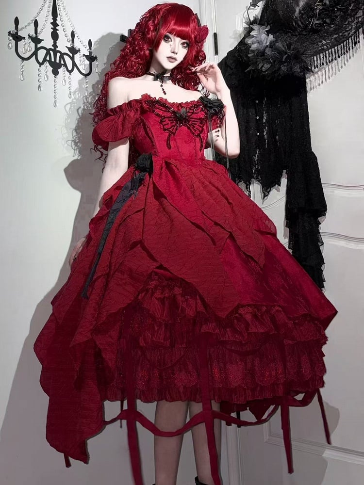 Red Butterfly Rhinestone Detail Puff Sleeve Lolita Top and Asymmetrical Hem Skirt Set - Sweet Wood Lolita
