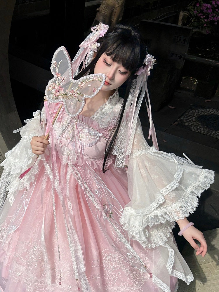 Pink & White Chinoiserie Floral Lace Blouse for Inner or Outer Wear - Flower Banquet