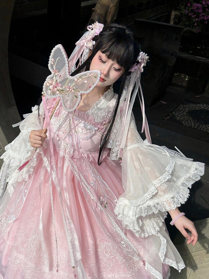 Pink & White Chinoiserie Floral Lace Blouse for Inner or Outer Wear - Flower Banquet