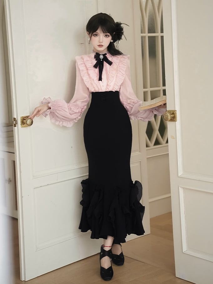 Pink Long Sleeve Blouse & Black Mermaid Skirt Boned Waist Lolita Dress - With PUJI