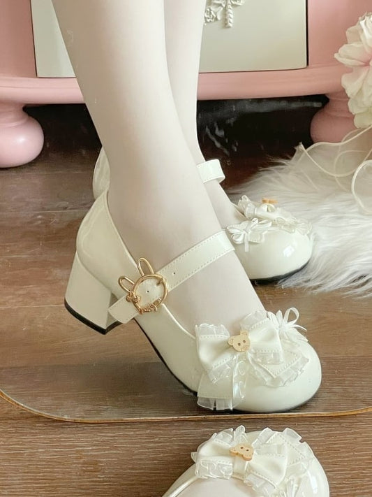 Bow Sweet Bunny-shaped Trimmed - Lace Mary Janes Toe Heeled 5cm White Round Fastener Decor Bear