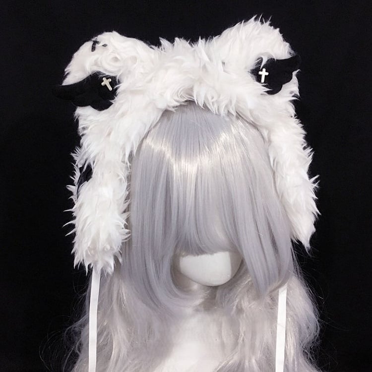 Black/White Cross Plush Details Hat Wings with Bear Ear