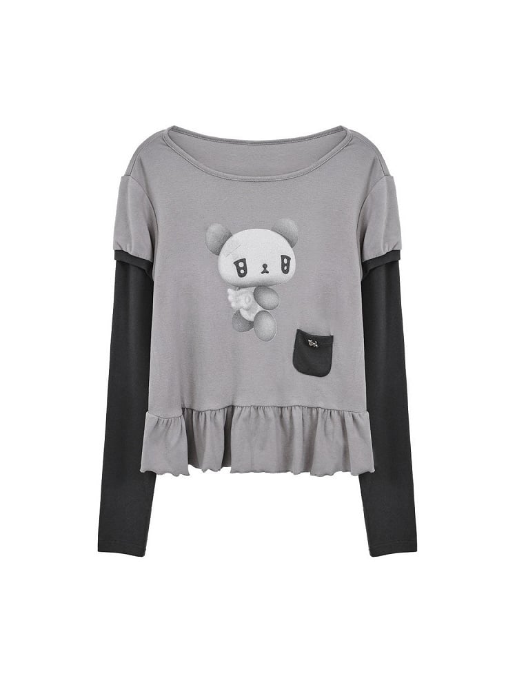 Two-piece Top Daily Thumbhole Gray Print Cuffs Long Sleeve with Bear Kawaii