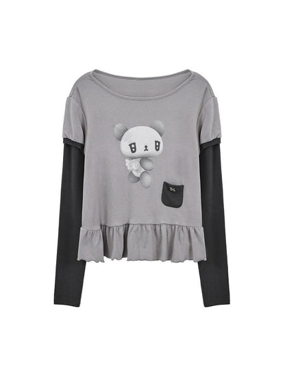 Two-piece Top Daily Thumbhole Gray Print Cuffs Long Sleeve with Bear Kawaii