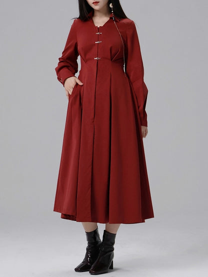 Box Snap Shirt Pleat Details Red Chinese with Closure Style Dress