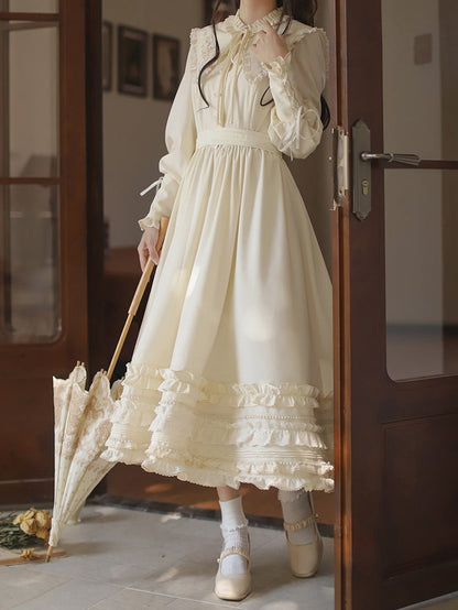with Floral Cuffs Leg-of-Mutton Collar Vintage Sleeves Apricot Dress Lace-up Embroidery