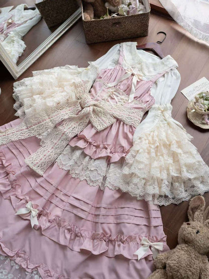 Beige Tiered Lace Bell-Sleeve Chiffon Blouse - Qian Mu