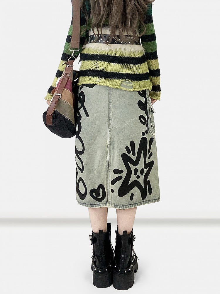 Y2K リボン付きキティスカート デニムプリント ブルー