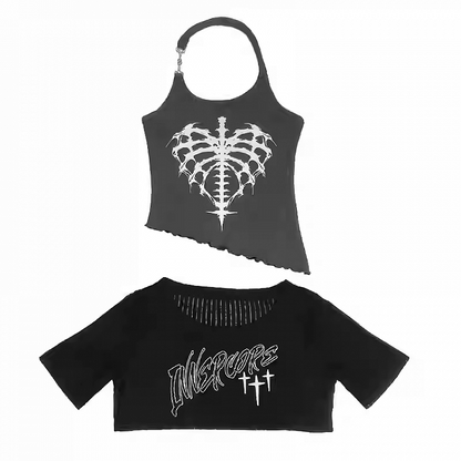 Red/Gray Tank Top with Halter Neck Coverup Set Graphic Black Y2K Cropped