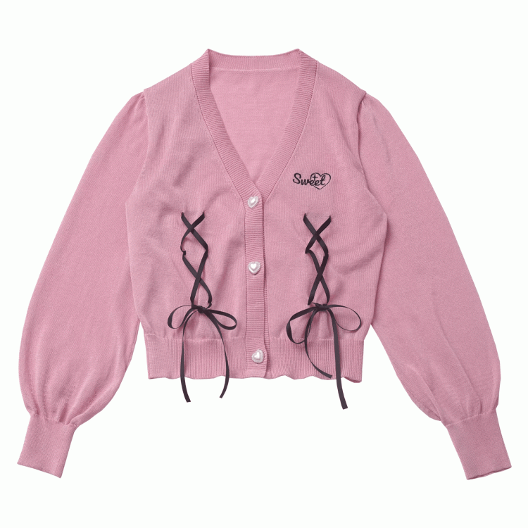 ピンクのレースアップディテール、フロントハートボタンプラケット、サマーニットカーディガン