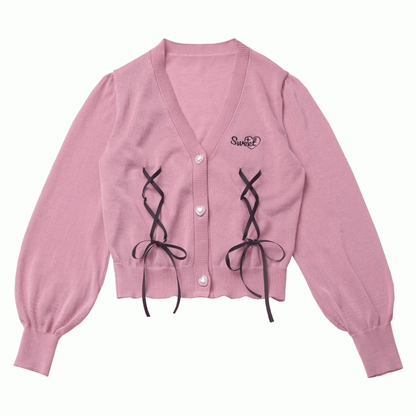 ピンクのレースアップディテール、フロントハートボタンプラケット、サマーニットカーディガン