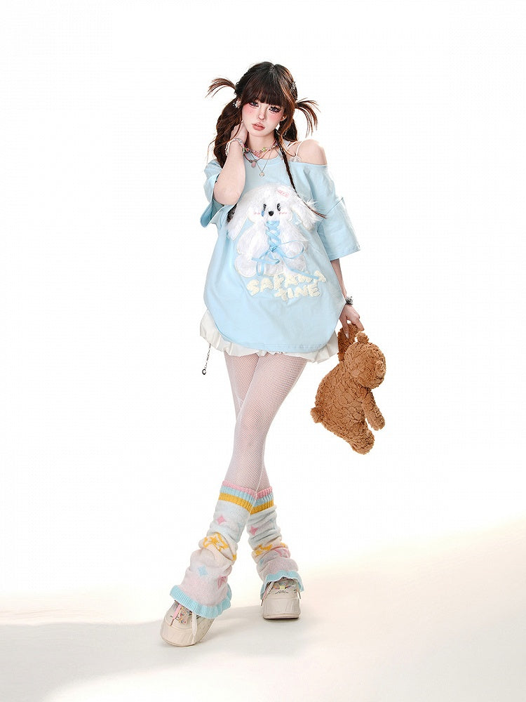 Plush Bunny Applique Criss-cross Design Cutout Shoulder Pink/Blue/Black Loose T-Shirt