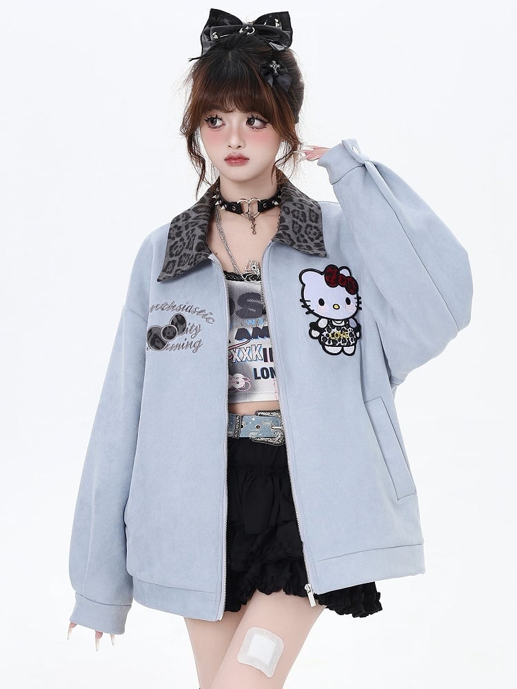 Blue Kitty Leopard Collar Baseball Jacket