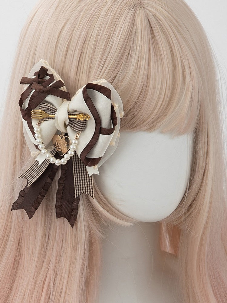 Hairclip White Lolita Tea Bowknot Style Sweet Party Brown